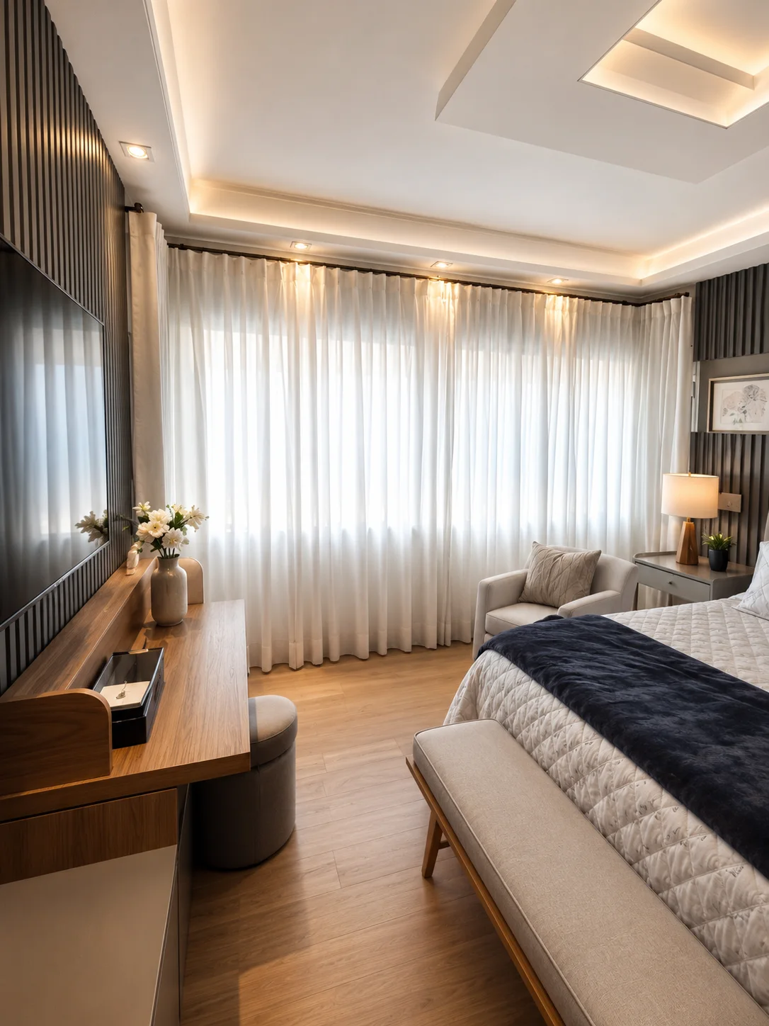 Quarto sofisticado com cortinas