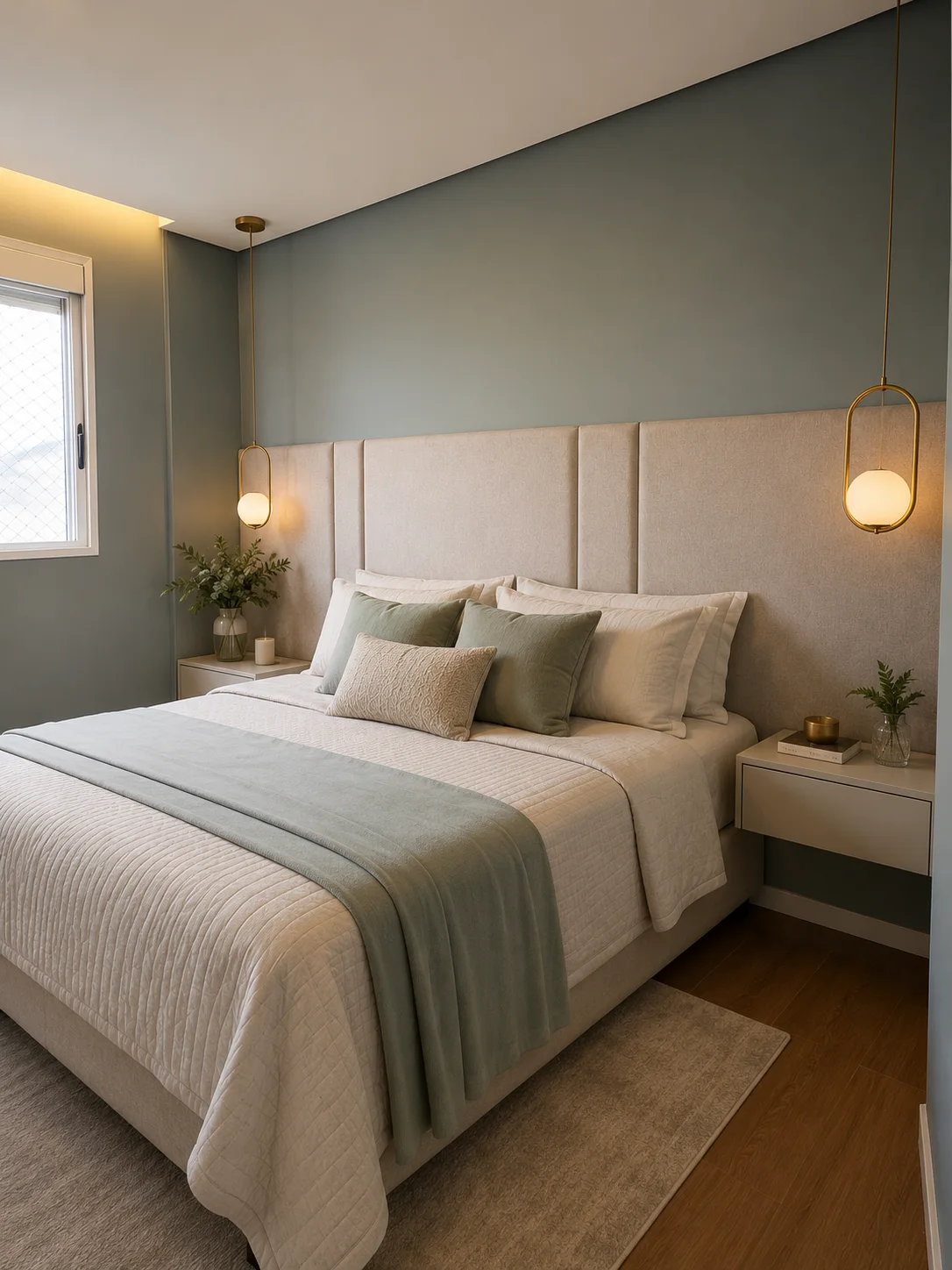 Quarto contemporâneo com cabeceira sob medida